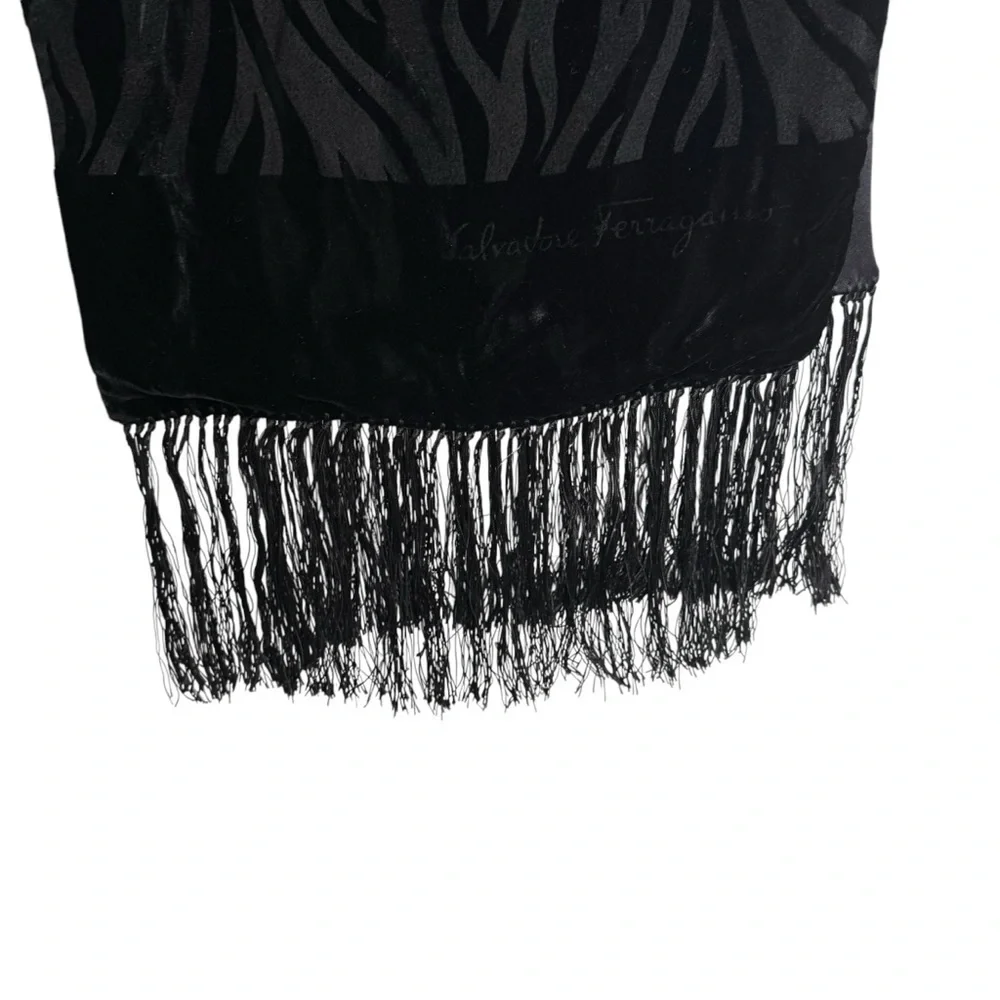 Salvatore Ferragamo Zebra Pattern Black Velvet Neck Scarf Fringe Ends Made Italy